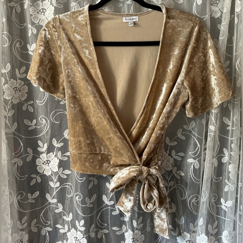 love, Fire Velvet Wrap Blouse in Tan size xs